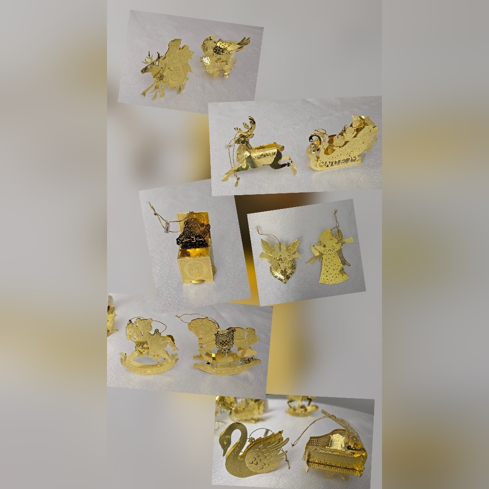 Lot Of 11 Vintage Die Cut Metal Ornaments 3D Christmas Gold Tone Holiday